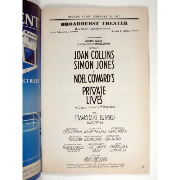 Private Lives Playbill Opening Night February 1992 Joan Collins Simon Jones - Picture 3 of 7